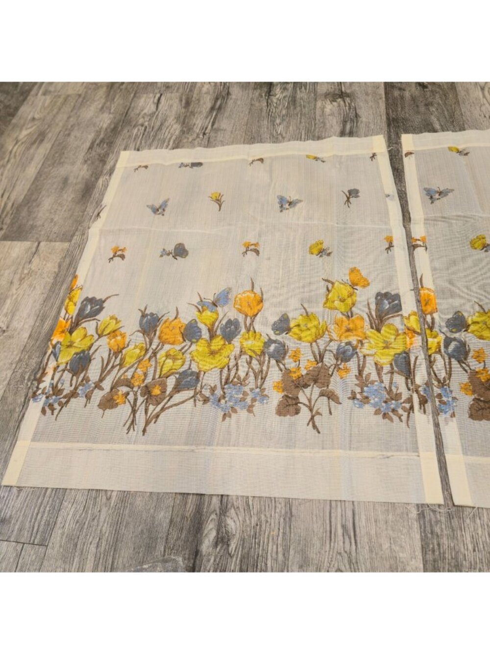 Floral Butterfly MCM Sheer Curtains 2 Panels 36"x29" Yellow Blue Brown Retro NOS - Picture 3 of 10